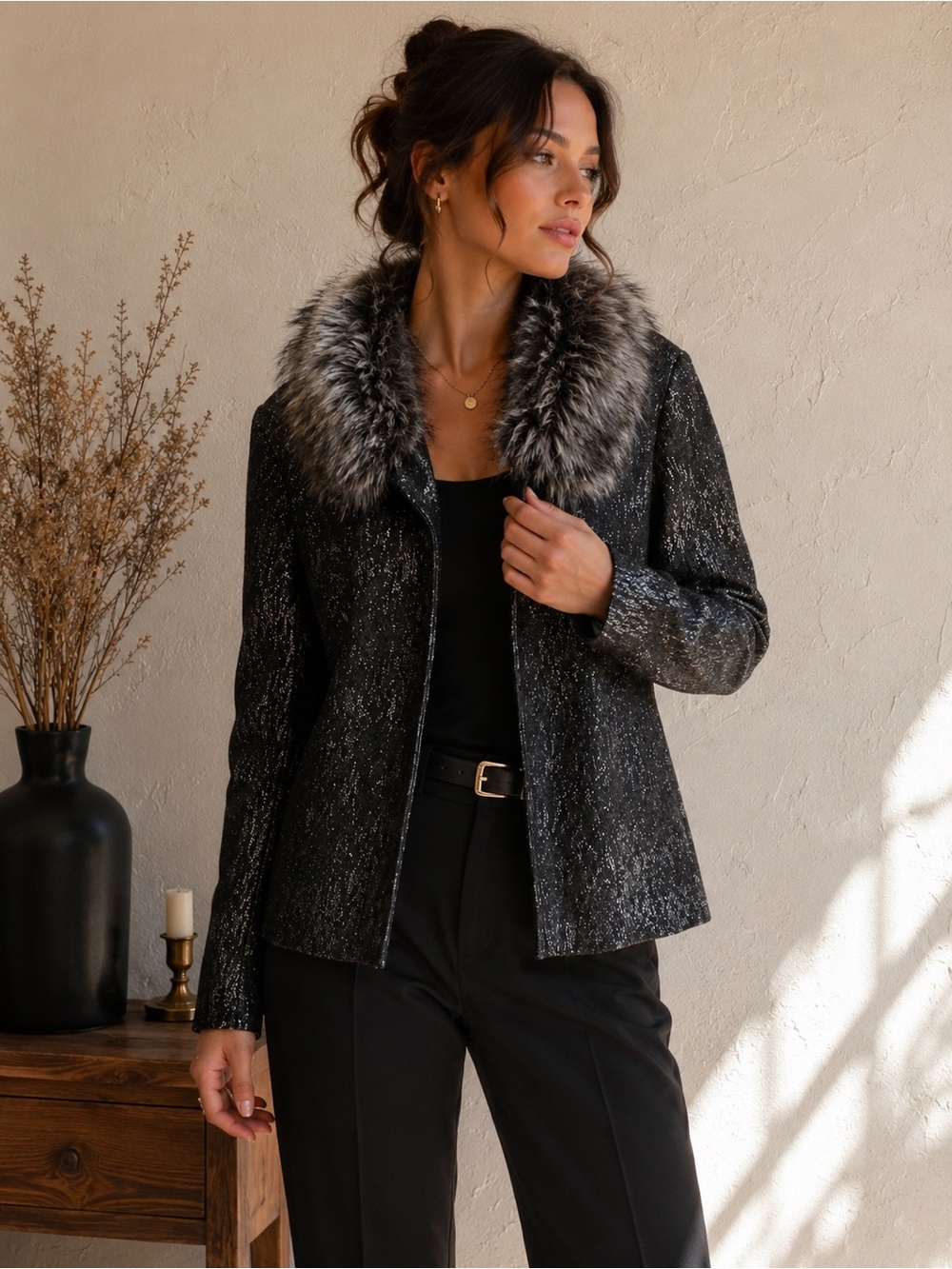 Chico's Wool Sweater Jacket Faux Fur Collar Metallic Shimmer Cardigan Coat Sz M